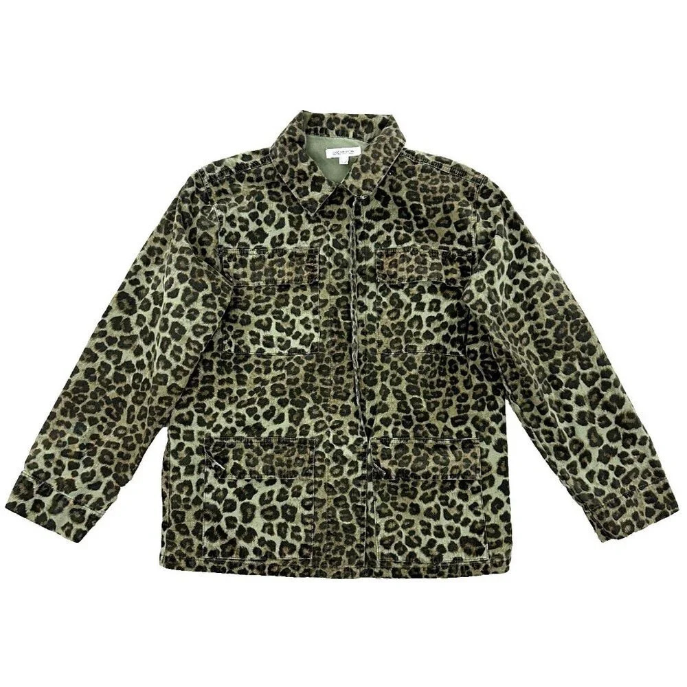 Good American Green Leopard Utility Jacket Pockets Snap Womens Size 1 Small - Picture 2 of 16